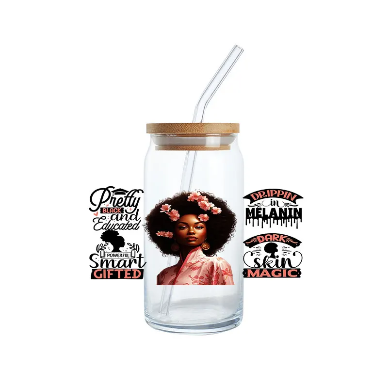Custom design Self-Adhesive Black Girl UV DTF Cup Mugs cold Wrap film Transfer Stickers for 16oz 20oz Libbey Glass Tumbler