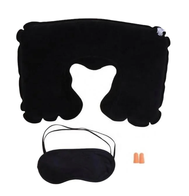 1 set Flocking Soft U Shaped Air Inflatable Pillow with Eyes Cover Earplugs Neck Car Headrest Air Cushion for Home Travel