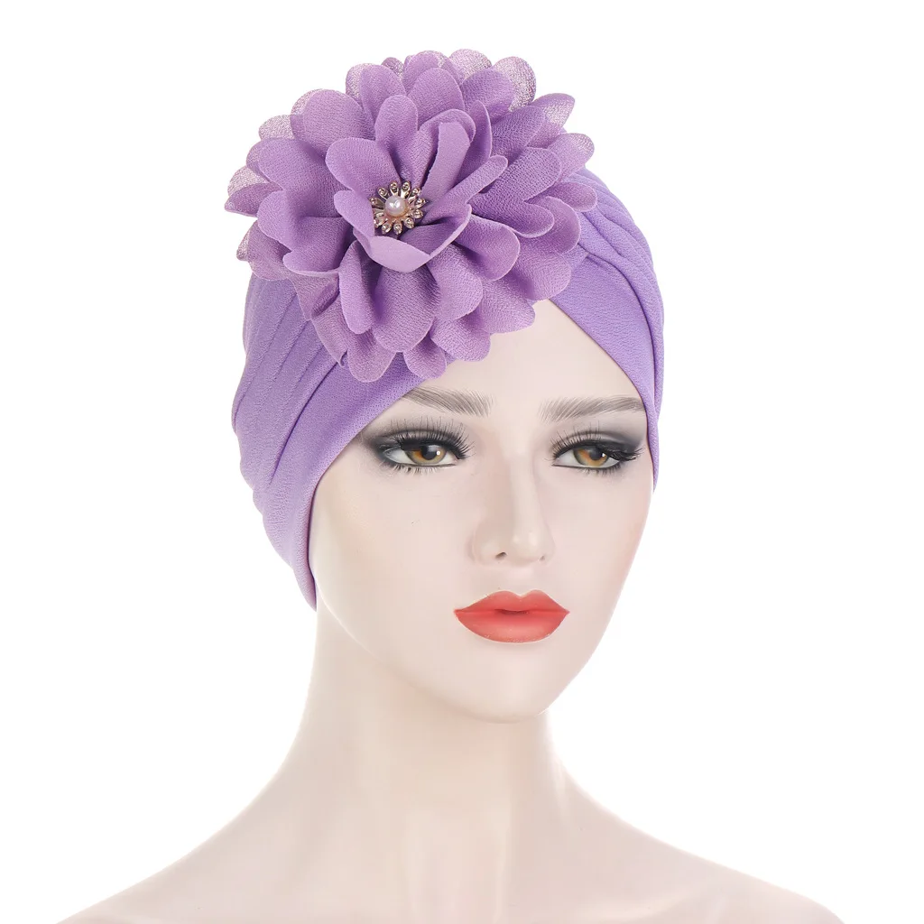 Wholesale Forehead big Flower Hat Women Turban Head Wrap Arab Muslim Beanie hijab Cap Indian Female Hair Bonnets Turban