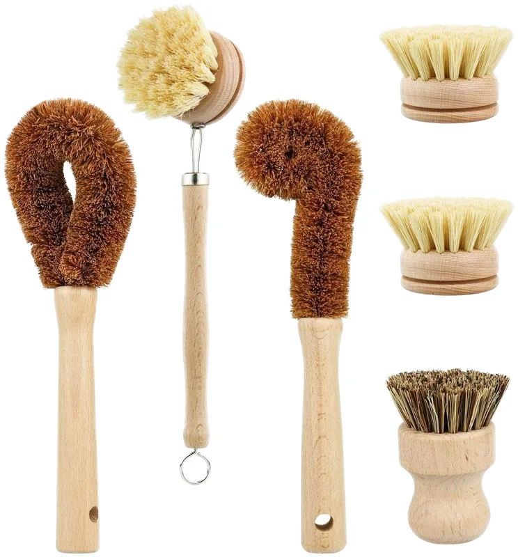 Wooden Dish Brush, Pot Brush and Bottle Cleaner Beech Wood,Natural Bristles Bamboo Scrub Brush for Dishes Plastic Free