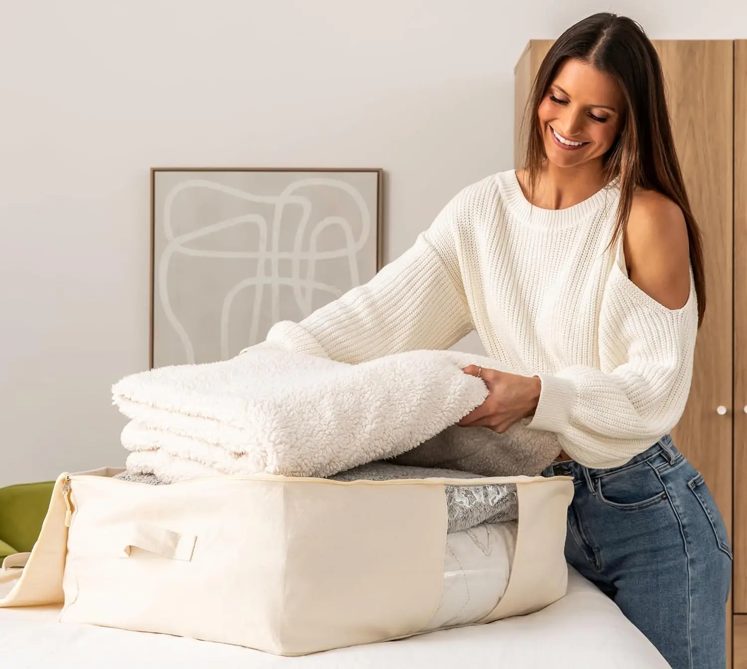 Breathable Soft Canvas Storage Bag Large Comforter Organizer Bag for Sheets Blankets Bedding Pillows, Clothes
