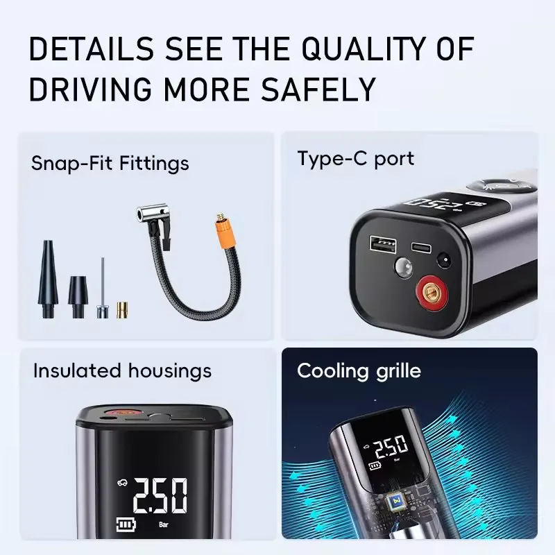 QS002 Wireless and wired dual-use Black 150PSI Car Air Pump Portable  Air Compressor Rechargeable Battery Electric Tire Pump