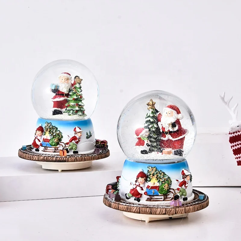 custom christmas snowball snow globe spinning rotation train Santa Claus tree snowman light music