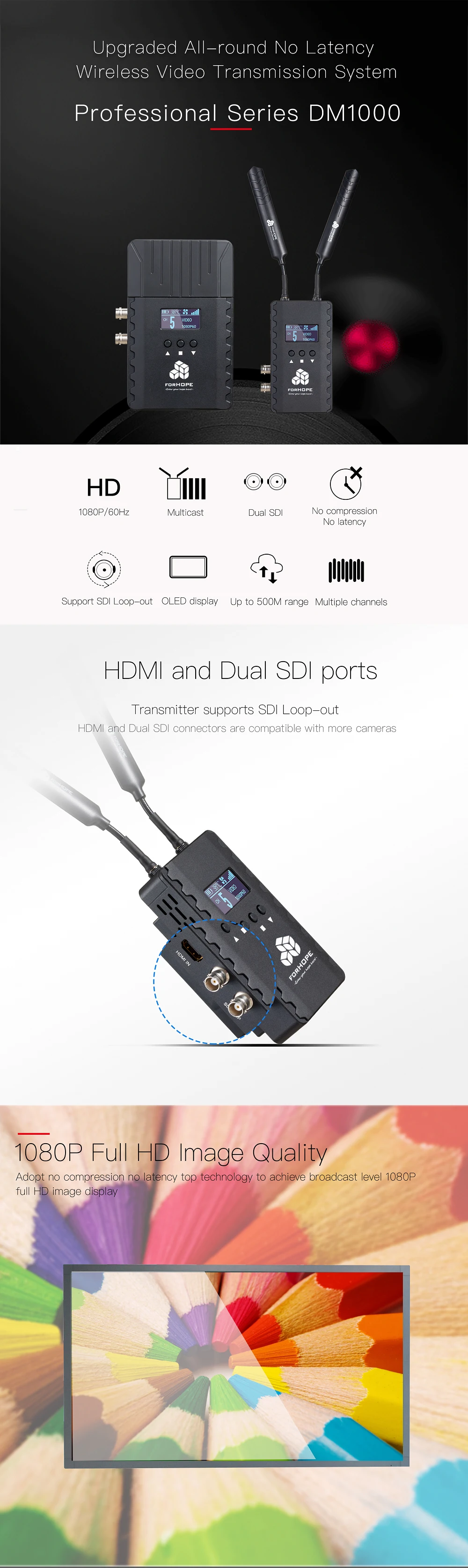 Forhope DM1000 1000FT SDI HD MI Compatible wireless audio video transmitter receiver