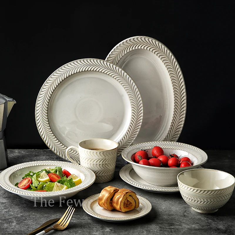 
2021 New Variable Glaze Ceramic Tableware Set Dinner Plate Smooth Glaze With Stripes Dinner Set Plate Set 