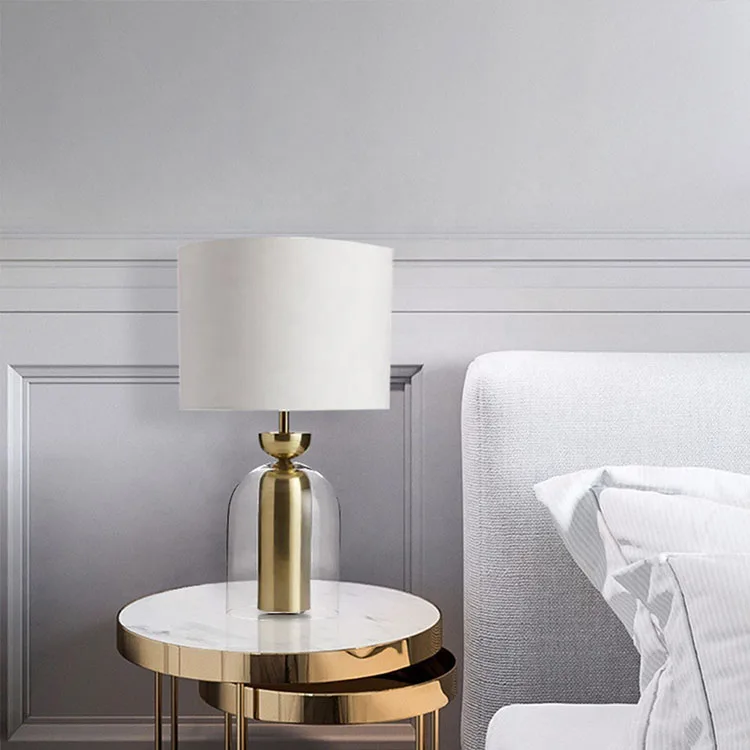 Fashionable simple household table lamp 2023 golden metal glass design hotel decorative table lamp With white fabric lampshade