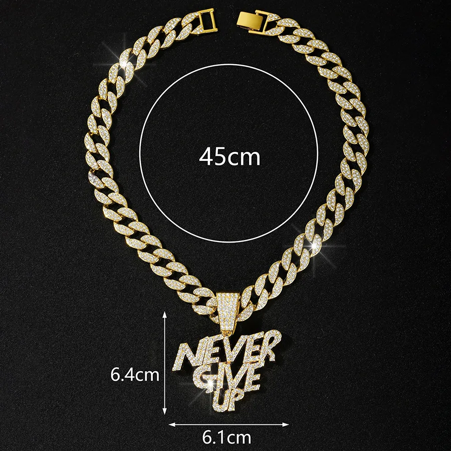 Cross border alloy letters NEVER GIVE UP Punk pendant necklace Hip hop full of diamonds beautiful Cuban chain necklace for men