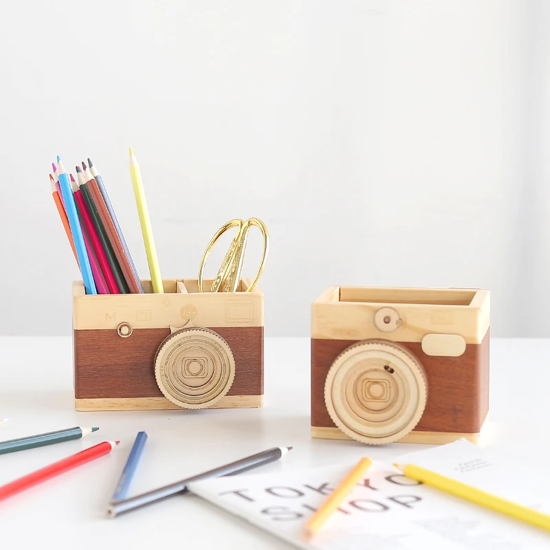 New European small camera shape pen holder creative household storage box desktop debris student stationery wooden organizer box