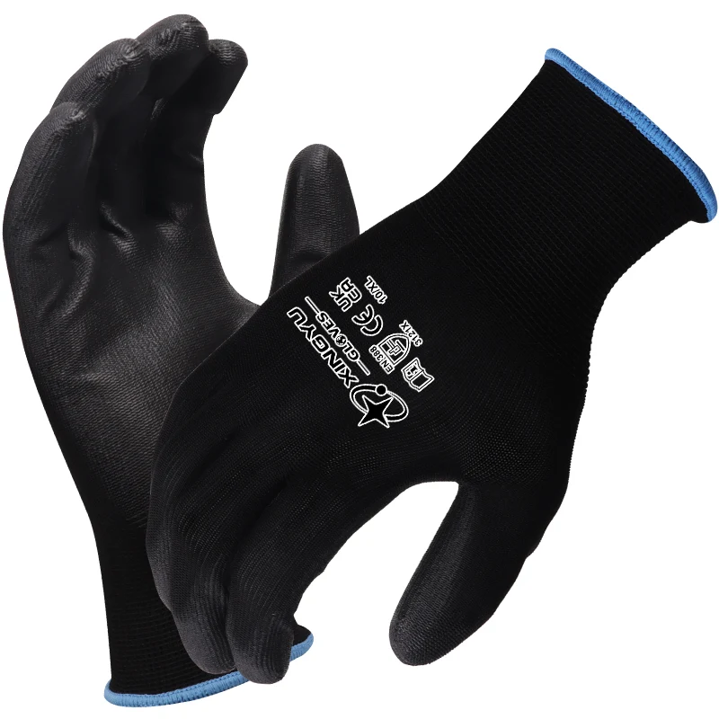 XINGYU EN388 Black PU Palm Dipped Gloves 13 Gauge Poliester Coating Knitted Nylon PU Coated Protective Gloves