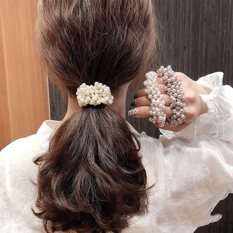 Korean ins girl imitation pearl beaded winding hand-woven pearl head rope solid color small fresh pearl hair ring ladies