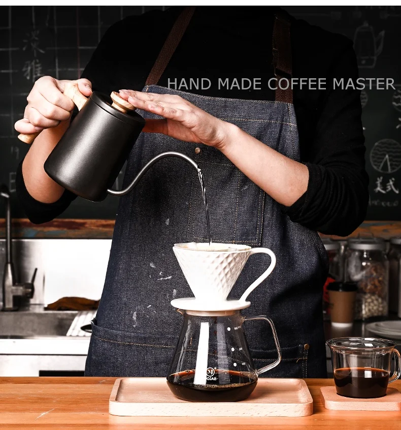 wooden handle coffee pot 600ml White Gooseneck Manual Stainless Steel Coffee Drip Kettle