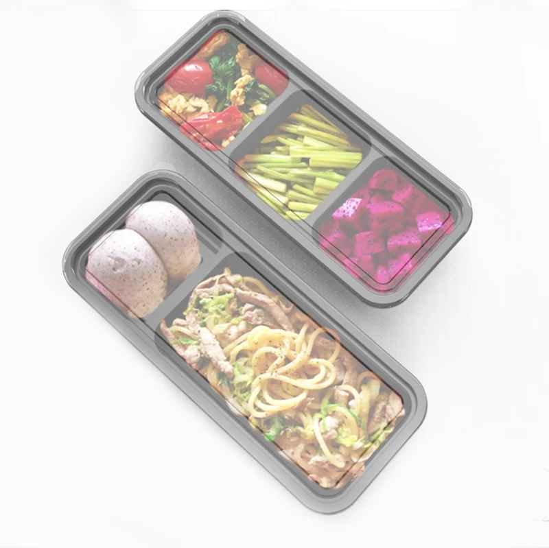 Japanese rectangular food container packaging takeaway bento lunch box 2 3 portion compartment black base containers with lids