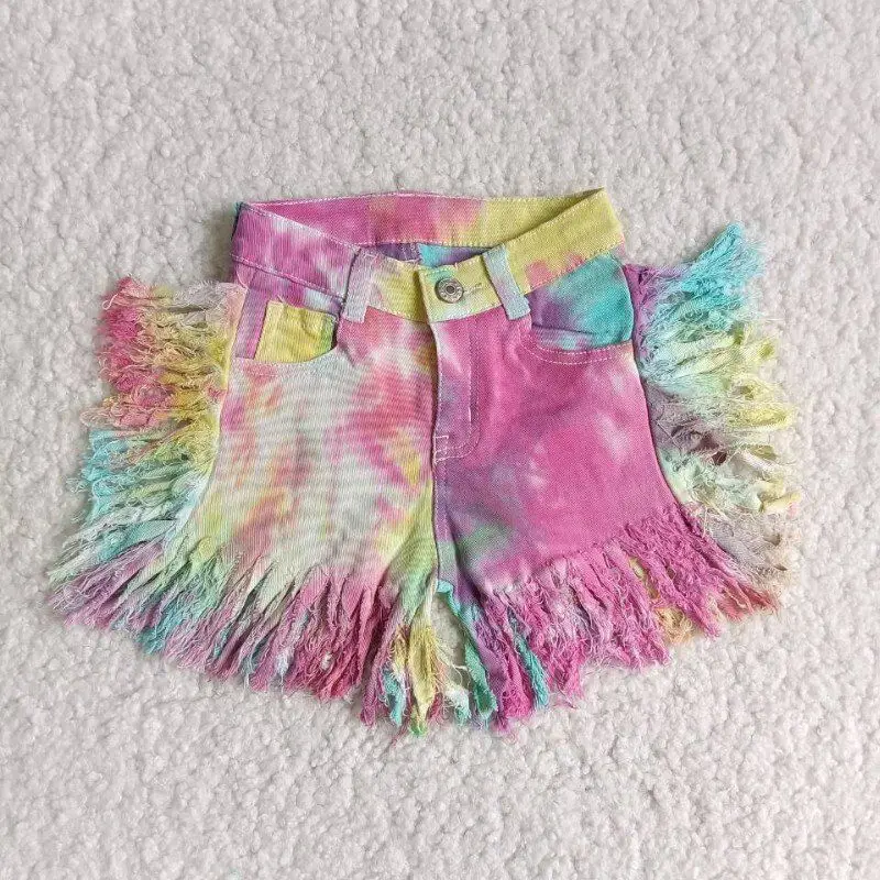 
Baby girls Tie-dye shorts with tassel toddlers jeans popular Fashion design boutique wholesale clothing Kids blue summer pants 