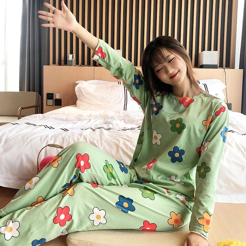 Spring and autumn ladies multicolor pattern round neck long pajamas and home wear