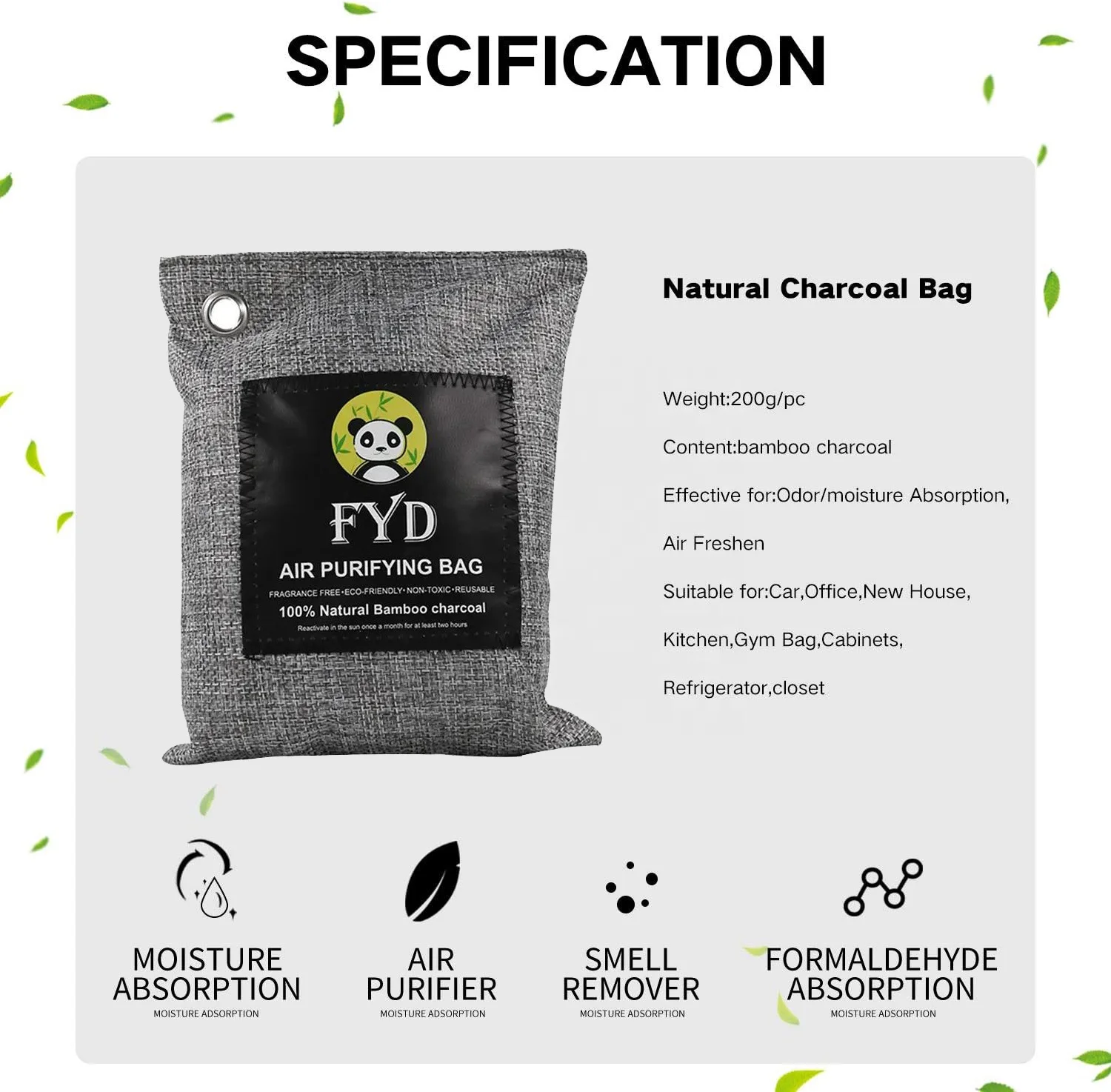 200g Bamboo Charcoal Bag Odor Absorber Activated Charcoal Air Purifying Bags in Stock