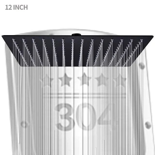12 Inch Black Water Saving Square Ceiling Rain Shower Head Slim 304 Rain Shower Stainless Steel Wall Mounted Showerhead