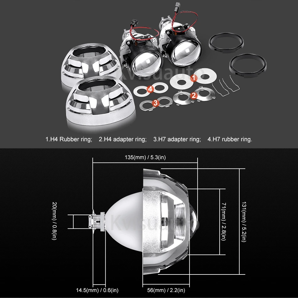 CQL 2.5 Inch H1 H7 H11 Universal Bi Xenon HID Projector Lens with center ring 3 inch CB shroud