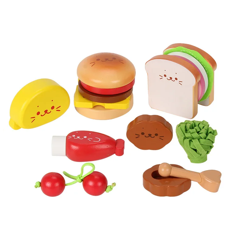 Фабричная игра Amazon, лидер продаж, деревянный набор для бургеров, пазл, Детские кухонные игрушки «сделай сам»
