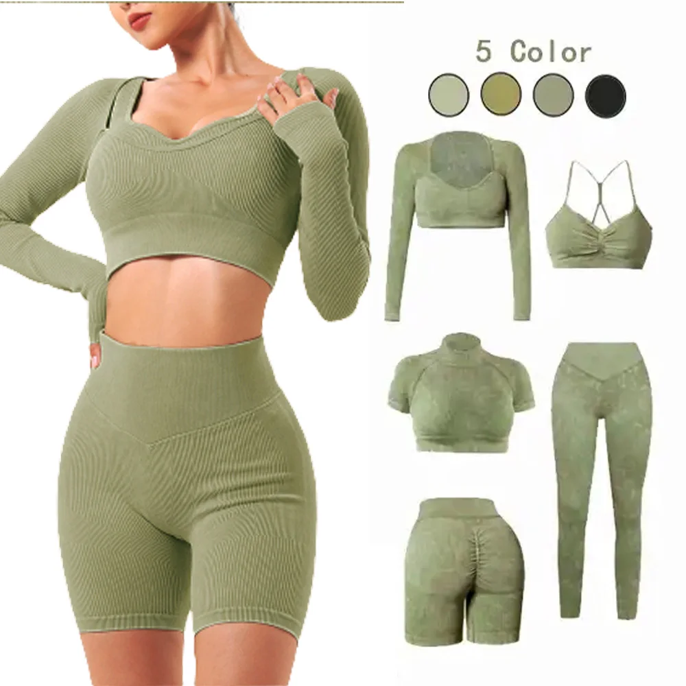 Fitness & Yoga Gym Active Wear Crop Top Acid Wash Yoga Robbed Seamless Gym Wear Seamless Legging Set and Women Yoga Wears