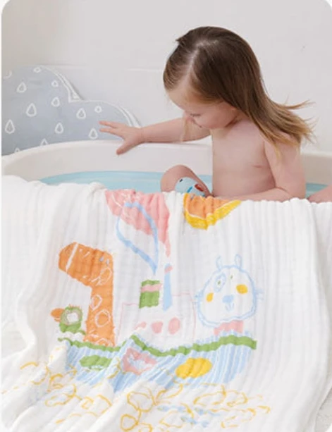 9-Laye High Quality Organic Cotton Bath Swaddle Towel Knitted Printed Cartoon Design Square Shape for Newborn for Home Use
