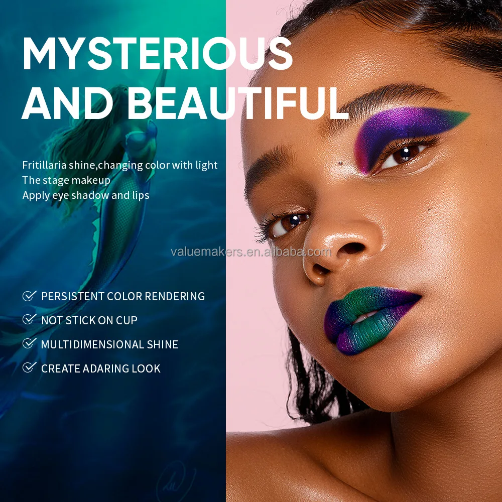 Private label Duochrom chameleon mermaid blue lip gloss shimmer diamond shine colors changing lip gloss & eyeshadow for party