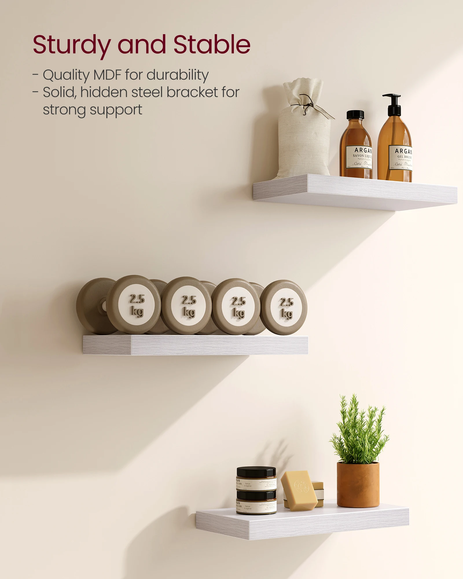 VASAGLE Maple White Wall Mounted Shelf for Photo Frames Decorations Living Room Study Kitchen Wall Shelf