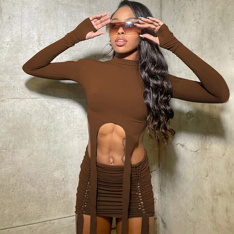 European and American Style Autumn New Fashion Long Sleeve Tops Slim Short Skirt Two Piece Suits Wholesale Women Clothing