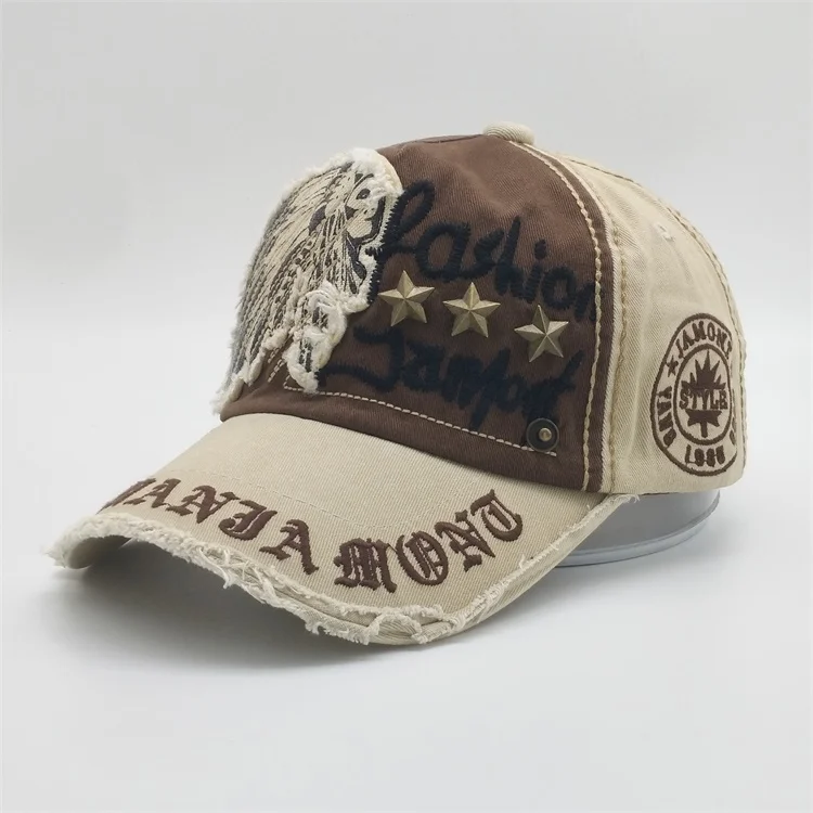 Customized Frayed Cloth Logo Worn Out Baseball Cap,Embroidery Visor Hats Dad Hats,Five Pointed Metal Star Lapel