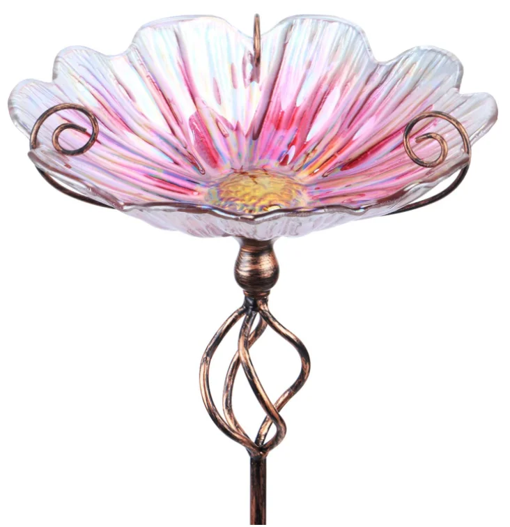 31 Inch Height Glass Birdbath Birdfeeder with Metal Stake Garden Yard Outdoor Pink