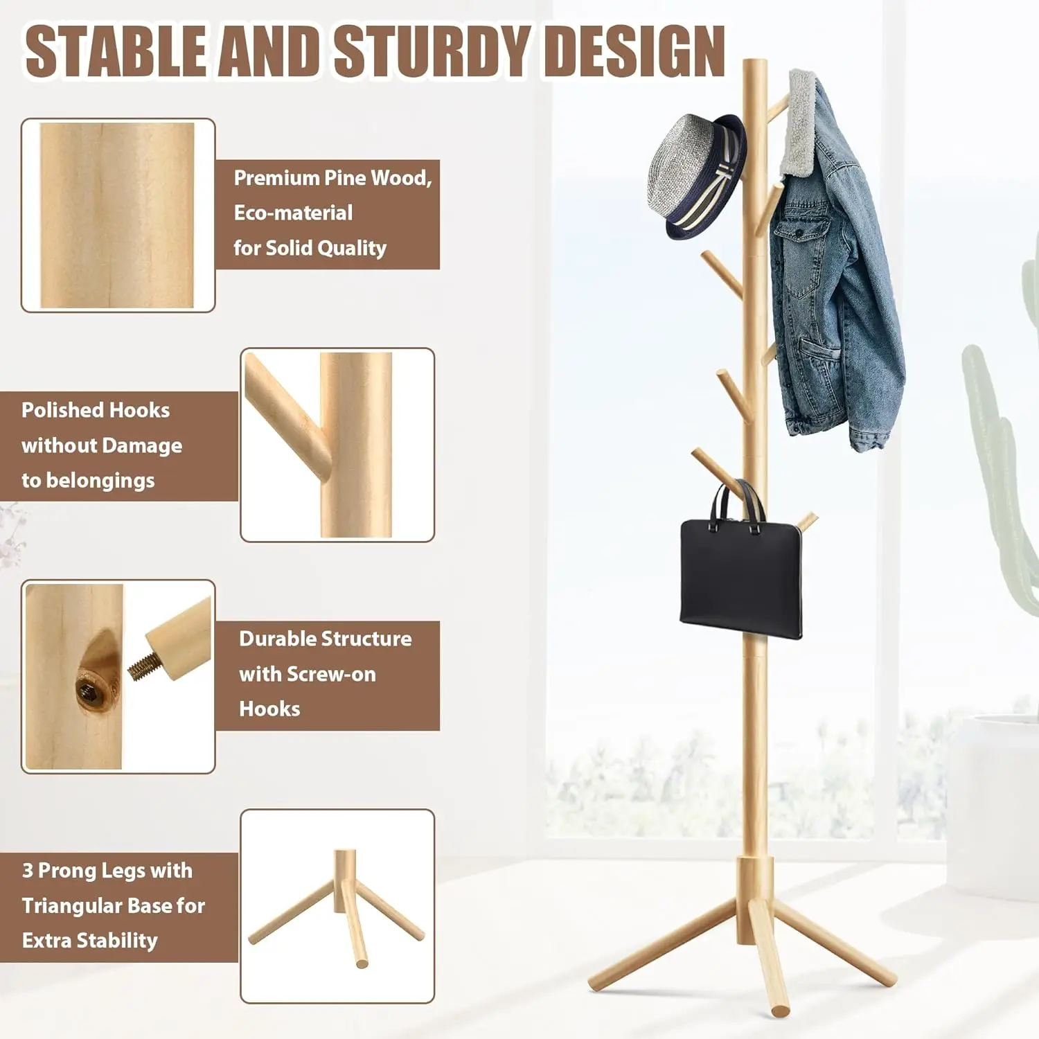 Clothes hanger rack stand with 8 Hooks Adjustable wooden coat rack Tree foldable clothes drying rack