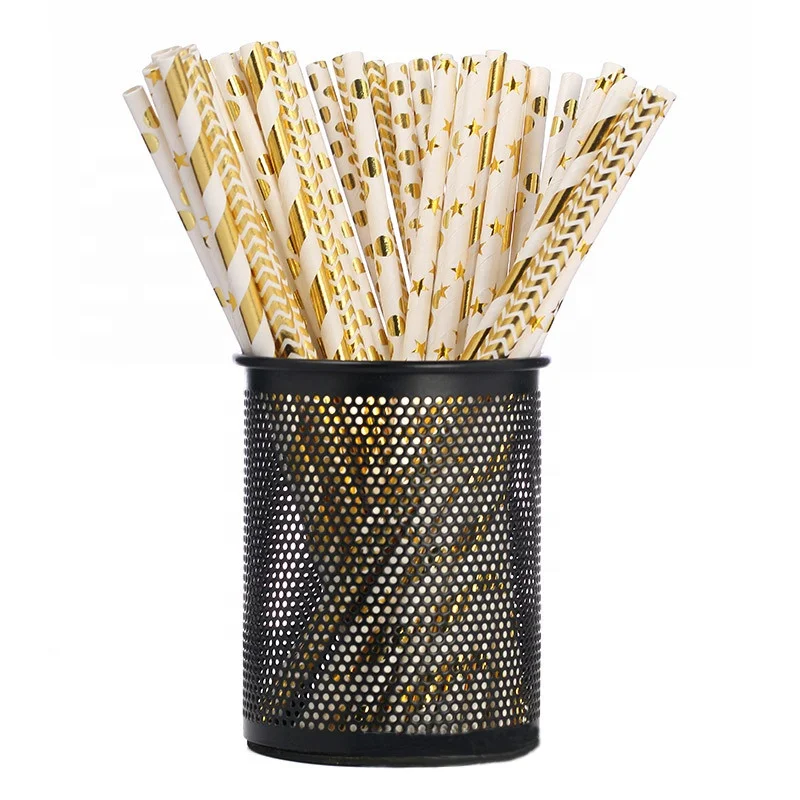 Disposable Eco-Friendly Boba Straw Biodegradable Mix Stripes Gold Stars Paper Drinking Straws