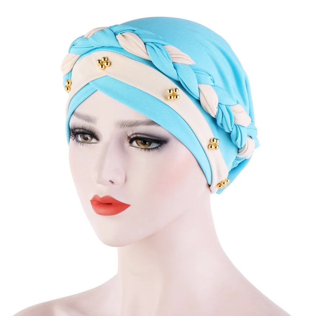 
muslim elastic two-color beaded braid women hijab cap turban 