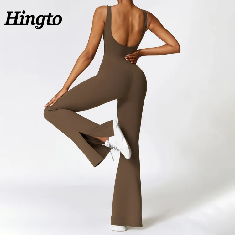 U Back Bodycon Full Length Flare bodysuit For Women One Piece Sport Jumpsuit Women Workout Gym Fitness Casual Yoga Jumpsuits