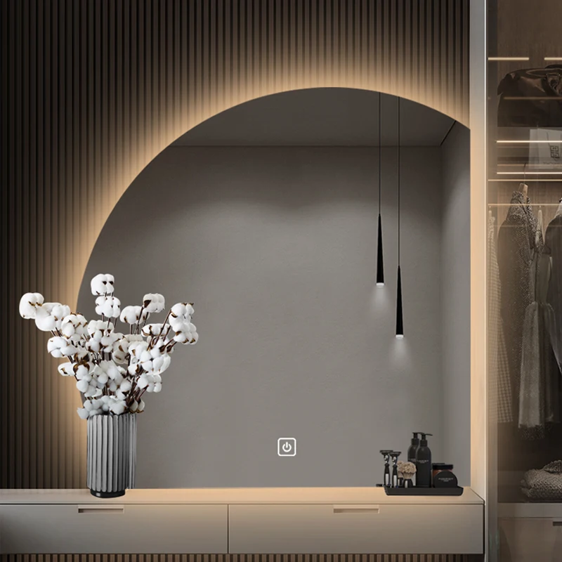 modern touch screen backlit led bath mirrors smart antifog vanity wall glass bathroom mirror with led light half moon mirror