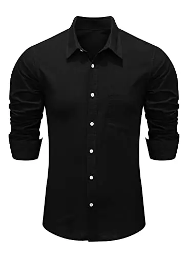 Mens Shirts Long Sleeve Linen Cotton Casual Button Down Dress Shirts with Front Pocket