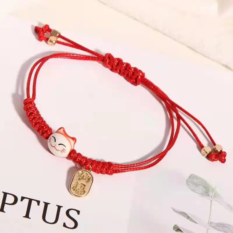 Simple Cute Ceramic Kitten Braided Rope Bracelet Students Cheaper Hand-woven Lucky Cat Woven Bracelet For Women