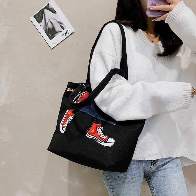 Large Capacity Individuality Inner Patch Pocket Embroidered Letter Logo Canvas Weekend Ladies Satchel Handbag Shoulder Tote Bag
