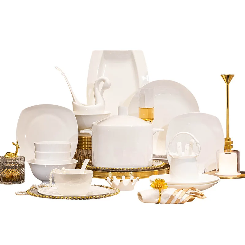 Minimalist Pure White Dish Suit Homemade Underglaze Ceramic Tableware Rice Noodle Fish Plate Dinner Plate Optional Wholesale