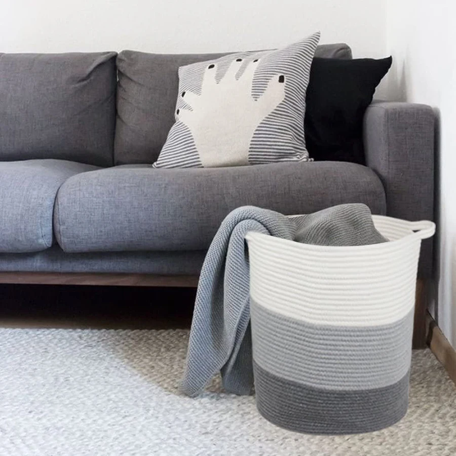 Woven Cotton Rope Storage Basket Laundry Hamper Basket Foldable Container