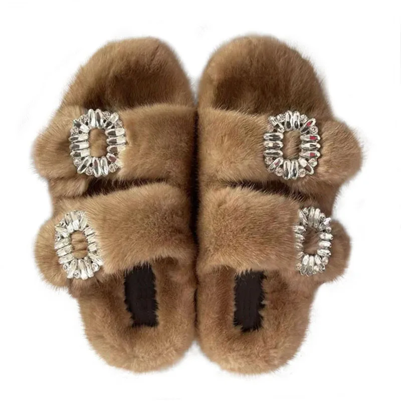 New Fashion Ladies Slippers , Ladies Shoes And Sandals Flat Casual Shoes Outdoor Mink Fur Slippers For Women