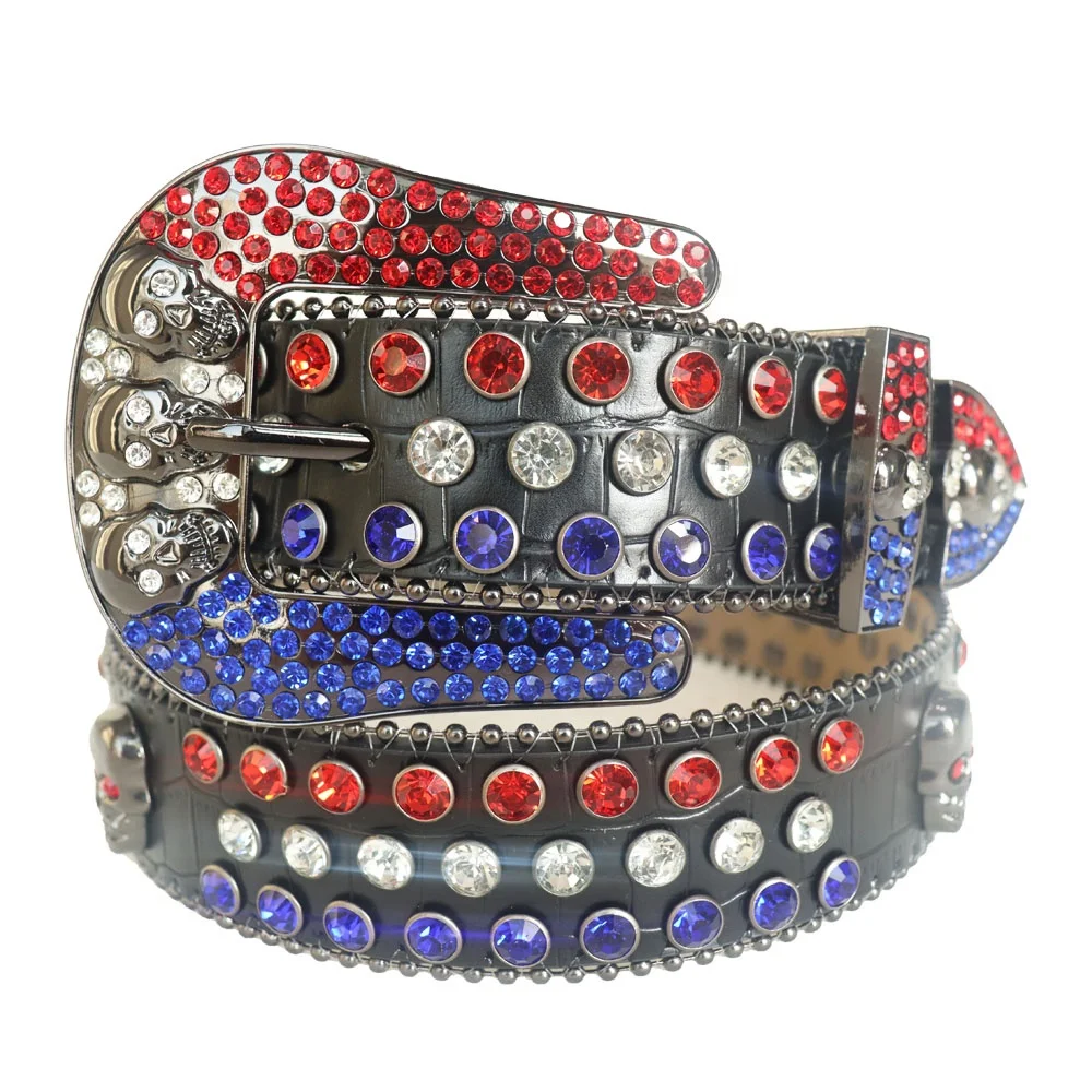 Independence Day 4th Of July Red White Blue Crystal Crocodile Bling Rhinestone Belt Pu BB Simon Men Belts Women