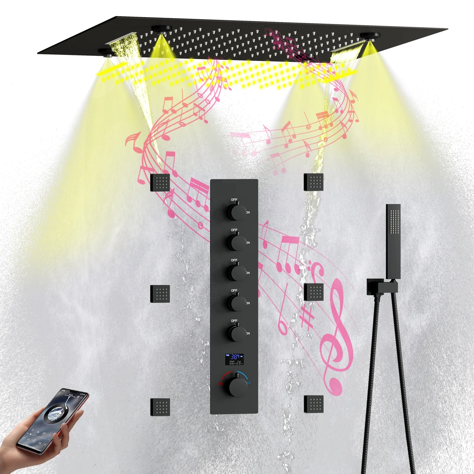 LED Music Shower System Set 500*500mm Multi Functions Ceiling LED Shower Head Cold and Hot Digital Display Shower Mixer Valve