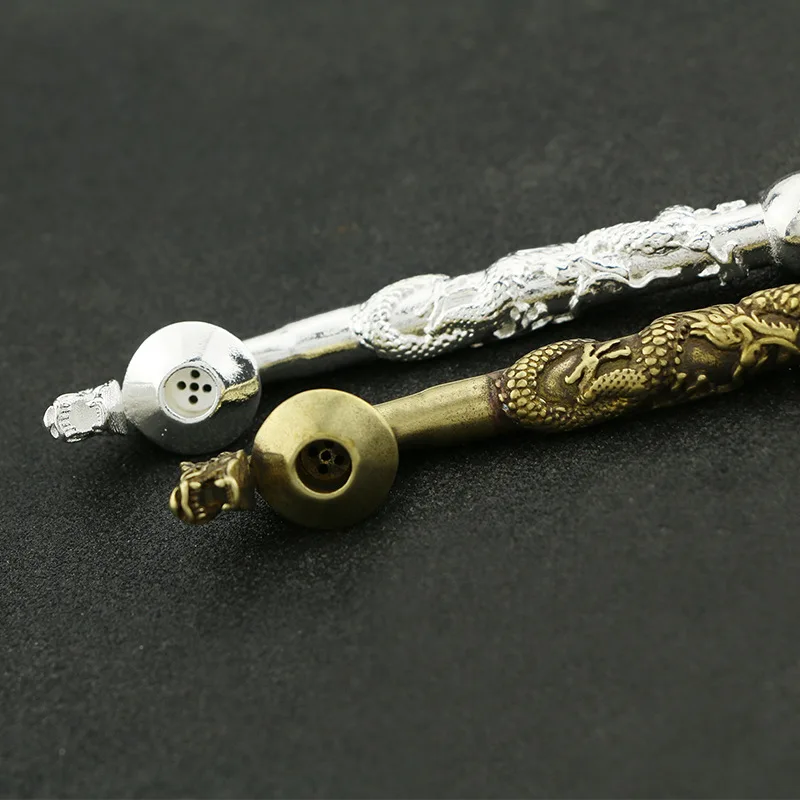 Antique crafts lengthened brass Shuanglong Pearl smoking set silver-plated pipe crafts ornaments