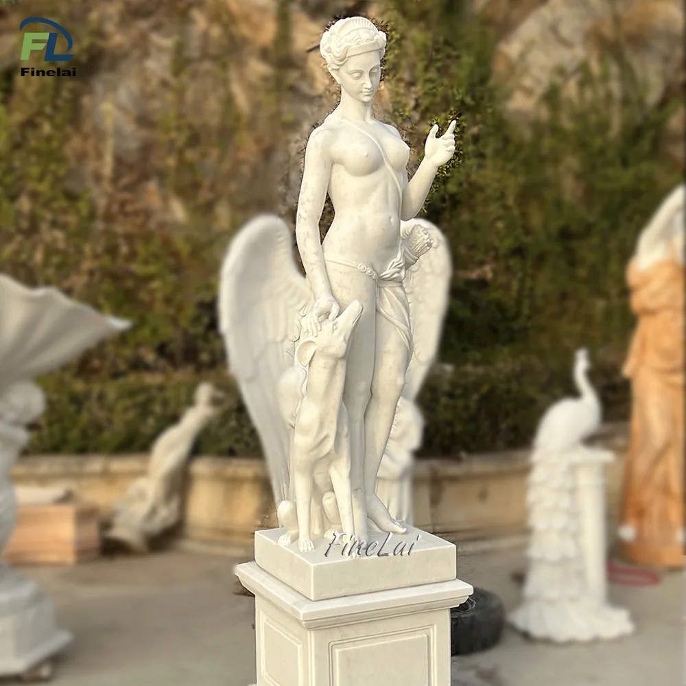 outdoor garden decoration sculpture famous Life Size white greek goddess diana marble artemis statue with dog statue for sale