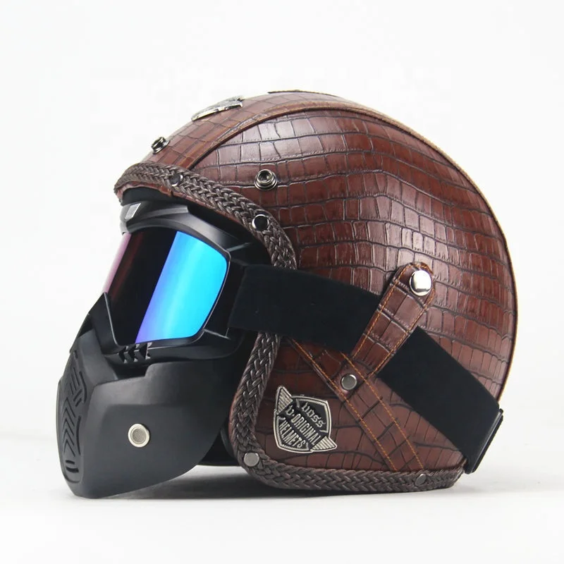 Мотоциклетный шлем с имитацией крокодиловой кожи, шлем на все лицо в стиле ретро, шлем для скутера со съемными очками