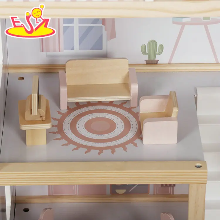 New Design Girls Pretend Play Wooden Dollhouse Toy with Accessories W06A413I