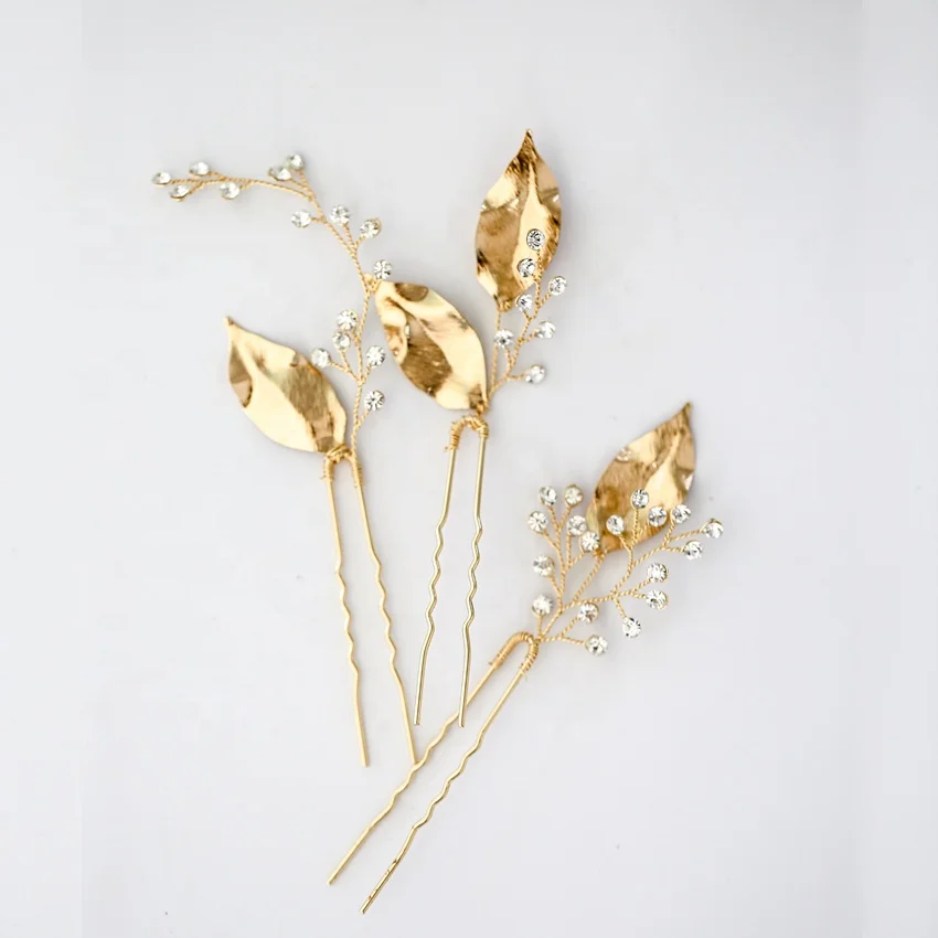 
Newest vintage gold plating brass leaves rhinestone fancy bridal hair pins wedding 