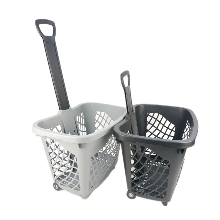 Manufacturer wholesale rolling PP plastic shopping basket with wheels for supermarket