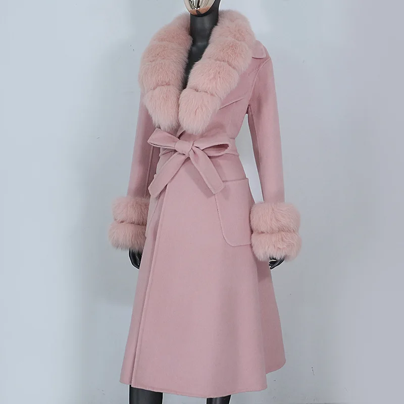 QIUCHEN QC21046 winter women long 100% cashmere jacket with fur collar cuffs detachable wool coat