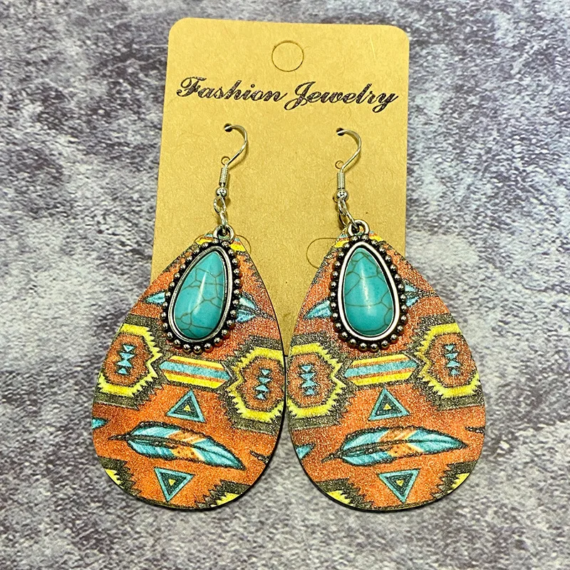 Classic Geometric Stitching Cowboy Turquoise Teardrop Earrings Western Wooden Aztec Pattern Water Drop Earrings